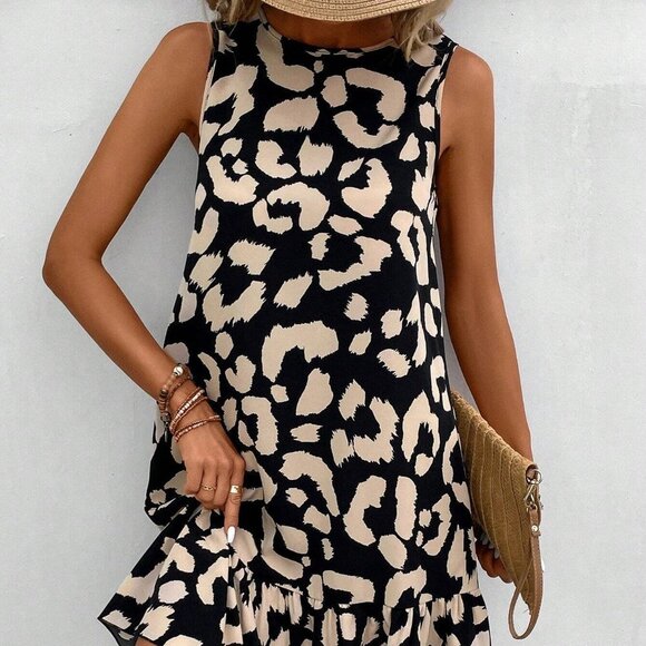 Black And White Boho Womens Allover Print Tie Back Ruffle Hem Smock Dress - Picture 2 of 5